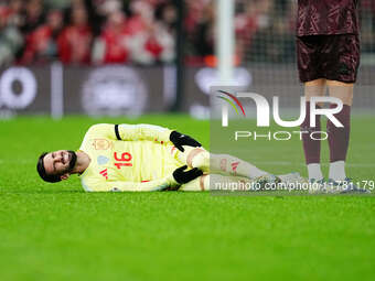 Alex Baena of Spain  on the ground during the Nations League Round 5 match between Denmark against Spain at Parken, Copenhagen, Denmark on N...