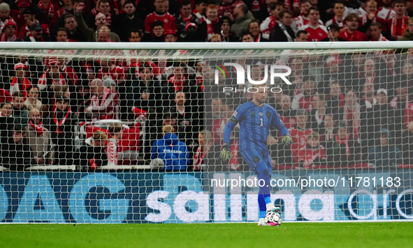 Kasper Schmeichel of Denmark  controls the ball during the Nations League Round 5 match between Denmark against Spain at Parken, Copenhagen,...