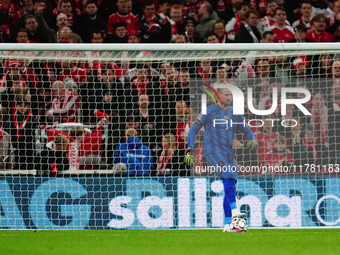 Kasper Schmeichel of Denmark  controls the ball during the Nations League Round 5 match between Denmark against Spain at Parken, Copenhagen,...