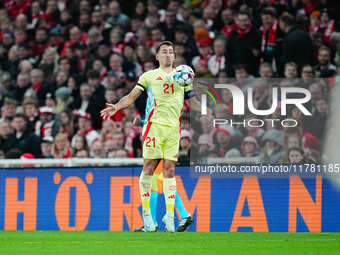 Mikel Oyarzabal of Spain  controls the ball during the Nations League Round 5 match between Denmark against Spain at Parken, Copenhagen, Den...