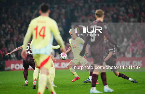 Dani Olmo of Spain  controls the ball during the Nations League Round 5 match between Denmark against Spain at Parken, Copenhagen, Denmark o...