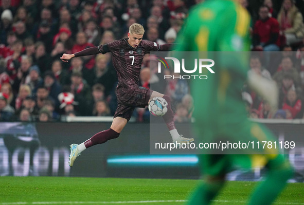 Albert Groenbaek of Denmark  controls the ball during the Nations League Round 5 match between Denmark against Spain at Parken, Copenhagen,...