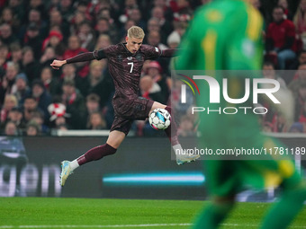 Albert Groenbaek of Denmark  controls the ball during the Nations League Round 5 match between Denmark against Spain at Parken, Copenhagen,...