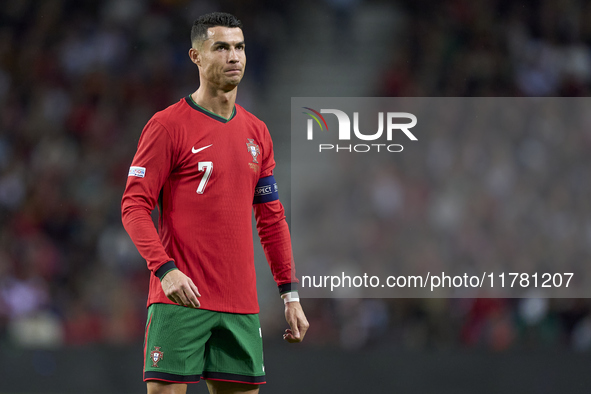 Cristiano Ronaldo of Portugal reacts during the UEFA Nations League 2024/25 League A Group A1 match between Portugal and Poland at Estadio D...