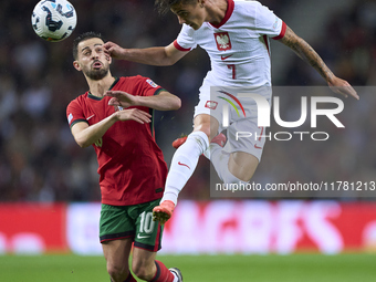 Bernardo Silva of Portugal competes for the ball with Kacper Urbanski of Poland during the UEFA Nations League 2024/25 League A Group A1 mat...