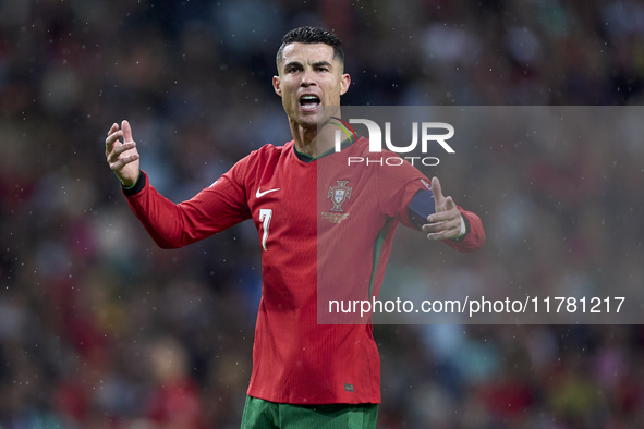 Cristiano Ronaldo of Portugal reacts during the UEFA Nations League 2024/25 League A Group A1 match between Portugal and Poland at Estadio D...