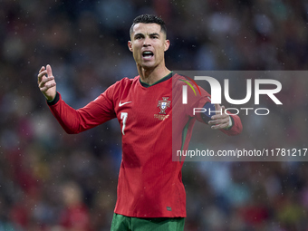 Cristiano Ronaldo of Portugal reacts during the UEFA Nations League 2024/25 League A Group A1 match between Portugal and Poland at Estadio D...