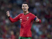 Cristiano Ronaldo of Portugal reacts during the UEFA Nations League 2024/25 League A Group A1 match between Portugal and Poland at Estadio D...