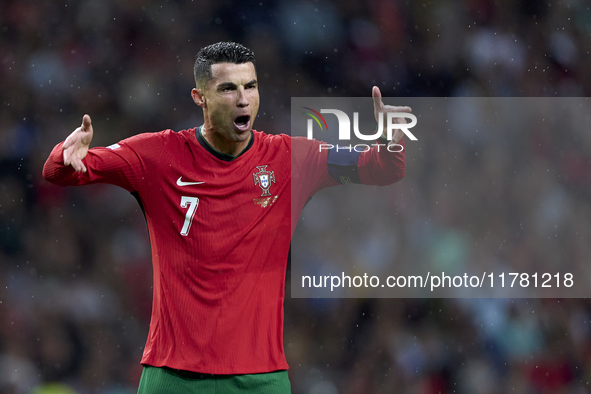 Cristiano Ronaldo of Portugal reacts during the UEFA Nations League 2024/25 League A Group A1 match between Portugal and Poland at Estadio D...