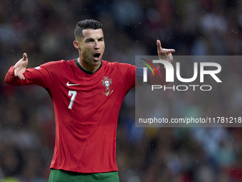 Cristiano Ronaldo of Portugal reacts during the UEFA Nations League 2024/25 League A Group A1 match between Portugal and Poland at Estadio D...