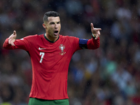 Cristiano Ronaldo of Portugal reacts during the UEFA Nations League 2024/25 League A Group A1 match between Portugal and Poland at Estadio D...