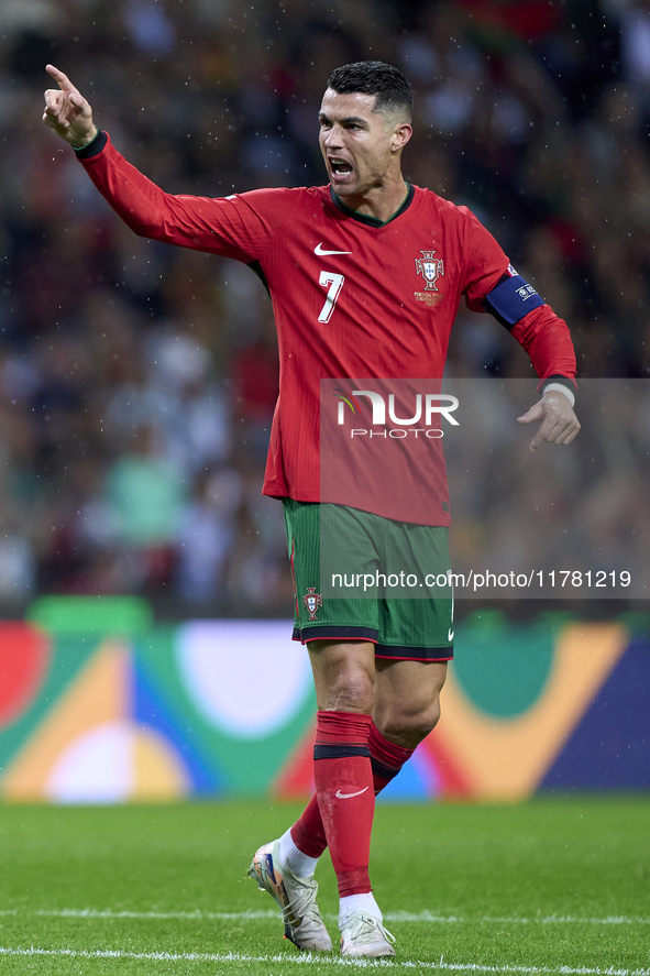 Cristiano Ronaldo of Portugal reacts during the UEFA Nations League 2024/25 League A Group A1 match between Portugal and Poland at Estadio D...