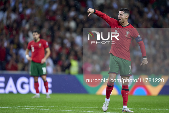 Cristiano Ronaldo of Portugal reacts during the UEFA Nations League 2024/25 League A Group A1 match between Portugal and Poland at Estadio D...