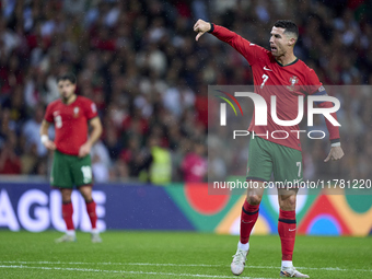 Cristiano Ronaldo of Portugal reacts during the UEFA Nations League 2024/25 League A Group A1 match between Portugal and Poland at Estadio D...