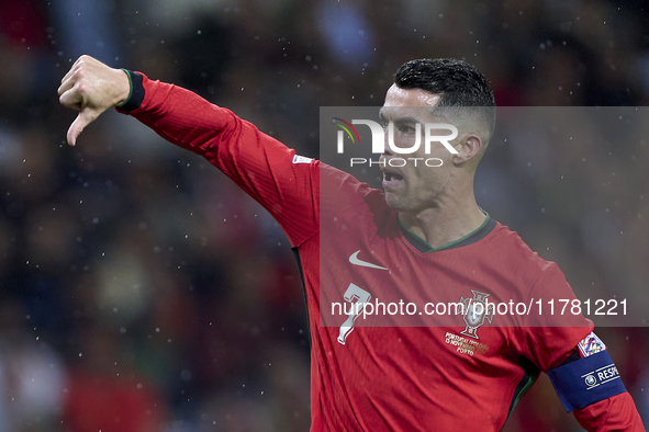 Cristiano Ronaldo of Portugal reacts during the UEFA Nations League 2024/25 League A Group A1 match between Portugal and Poland at Estadio D...