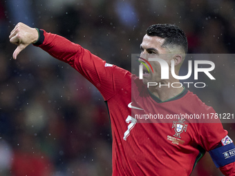 Cristiano Ronaldo of Portugal reacts during the UEFA Nations League 2024/25 League A Group A1 match between Portugal and Poland at Estadio D...