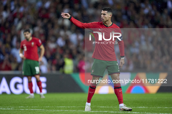 Cristiano Ronaldo of Portugal reacts during the UEFA Nations League 2024/25 League A Group A1 match between Portugal and Poland at Estadio D...