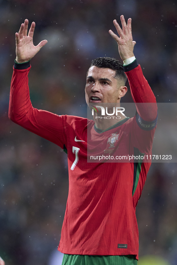 Cristiano Ronaldo of Portugal reacts during the UEFA Nations League 2024/25 League A Group A1 match between Portugal and Poland at Estadio D...