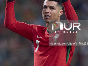 Cristiano Ronaldo of Portugal reacts during the UEFA Nations League 2024/25 League A Group A1 match between Portugal and Poland at Estadio D...