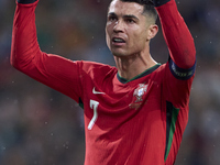 Cristiano Ronaldo of Portugal reacts during the UEFA Nations League 2024/25 League A Group A1 match between Portugal and Poland at Estadio D...