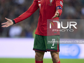 Cristiano Ronaldo of Portugal reacts during the UEFA Nations League 2024/25 League A Group A1 match between Portugal and Poland at Estadio D...