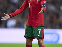 Cristiano Ronaldo of Portugal reacts during the UEFA Nations League 2024/25 League A Group A1 match between Portugal and Poland at Estadio D...