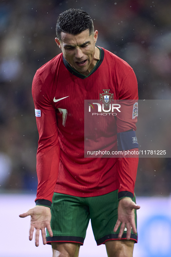 Cristiano Ronaldo of Portugal reacts during the UEFA Nations League 2024/25 League A Group A1 match between Portugal and Poland at Estadio D...