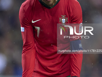 Cristiano Ronaldo of Portugal reacts during the UEFA Nations League 2024/25 League A Group A1 match between Portugal and Poland at Estadio D...