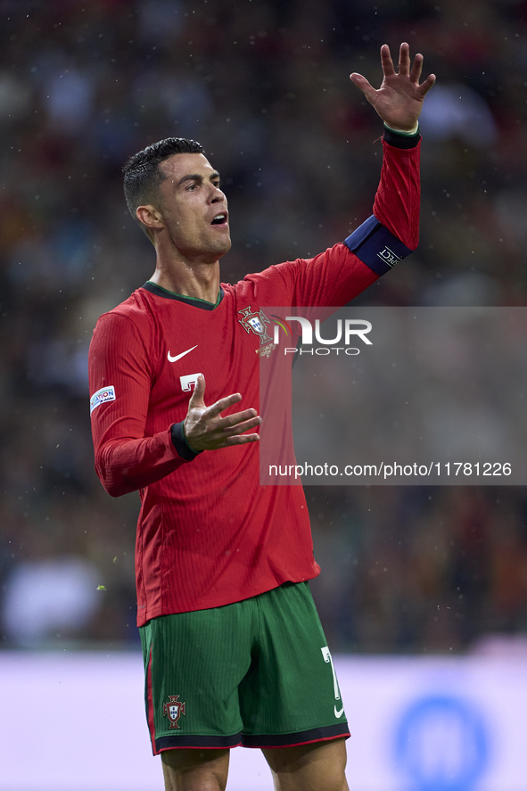 Cristiano Ronaldo of Portugal reacts during the UEFA Nations League 2024/25 League A Group A1 match between Portugal and Poland at Estadio D...