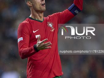 Cristiano Ronaldo of Portugal reacts during the UEFA Nations League 2024/25 League A Group A1 match between Portugal and Poland at Estadio D...