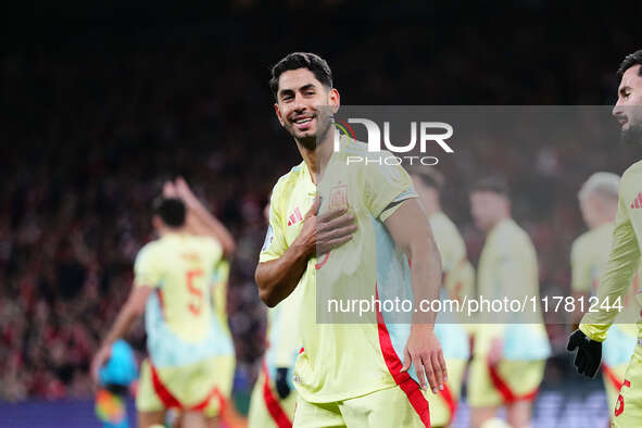 Ayoze Perez of Spain  celebrates the teams second goal during the Nations League Round 5 match between Denmark against Spain at Parken, Cope...