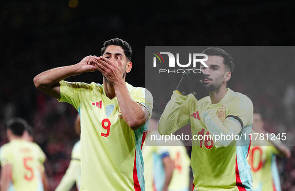 Ayoze Perez of Spain  celebrates the teams second goal during the Nations League Round 5 match between Denmark against Spain at Parken, Cope...