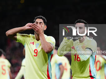 Ayoze Perez of Spain  celebrates the teams second goal during the Nations League Round 5 match between Denmark against Spain at Parken, Cope...