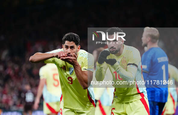 Ayoze Perez of Spain  celebrates the teams second goal during the Nations League Round 5 match between Denmark against Spain at Parken, Cope...