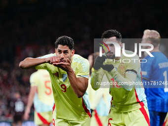 Ayoze Perez of Spain  celebrates the teams second goal during the Nations League Round 5 match between Denmark against Spain at Parken, Cope...