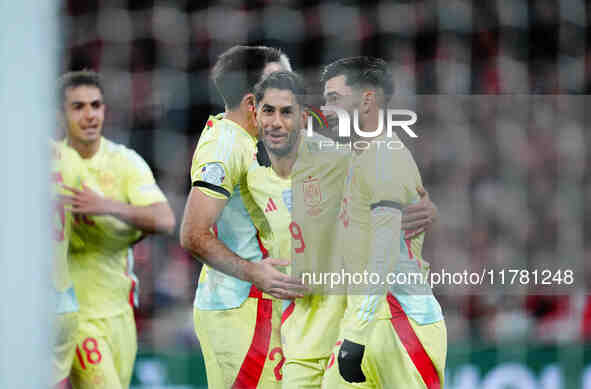 Ayoze Perez of Spain  celebrates the teams second goal during the Nations League Round 5 match between Denmark against Spain at Parken, Cope...