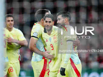 Ayoze Perez of Spain  celebrates the teams second goal during the Nations League Round 5 match between Denmark against Spain at Parken, Cope...