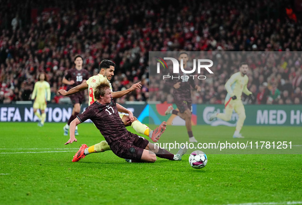 Ayoze Perez of Spain  scores the teams second goal during the Nations League Round 5 match between Denmark against Spain at Parken, Copenhag...