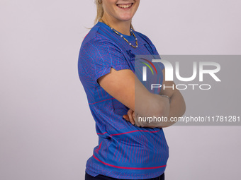 Lizzie Scott of Durham Cricket Women participates in the Durham Cricket Women Media Launch at the Seat Unique Riverside in Chester le Street...