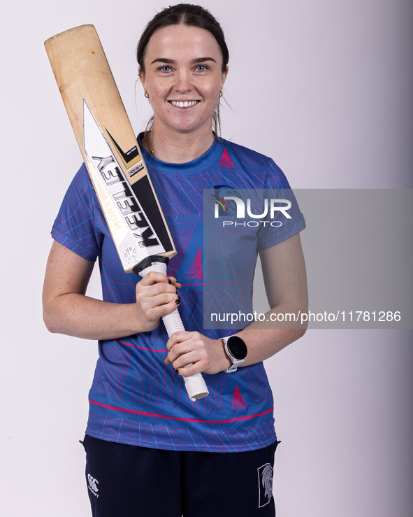 Mady Villiers of Durham Cricket Women participates in the Durham Cricket Women Media Launch at the Seat Unique Riverside in Chester le Stree...