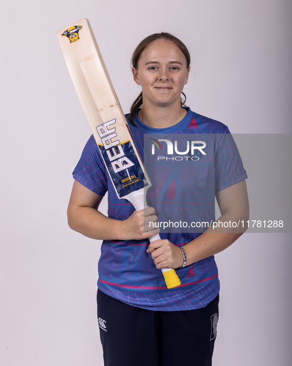 Abi Glen of Durham Cricket Women participates in a media launch at the Seat Unique Riverside in Chester le Street, United Kingdom, on Novemb...