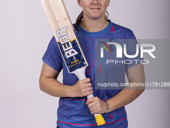 Abi Glen of Durham Cricket Women participates in a media launch at the Seat Unique Riverside in Chester le Street, United Kingdom, on Novemb...