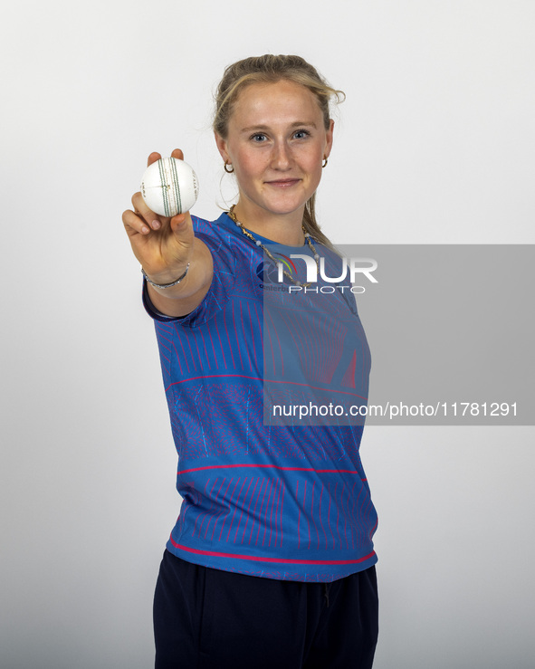 Lizzie Scott of Durham Cricket Women participates in the Durham Cricket Women Media Launch at the Seat Unique Riverside in Chester le Street...