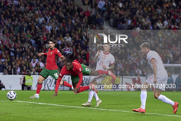 Rafael Leao of Portugal heads the ball and scores his team's first goal during the UEFA Nations League 2024/25 League A Group A1 match betwe...