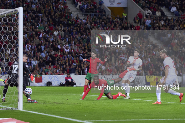 Rafael Leao of Portugal heads the ball and scores his team's first goal during the UEFA Nations League 2024/25 League A Group A1 match betwe...