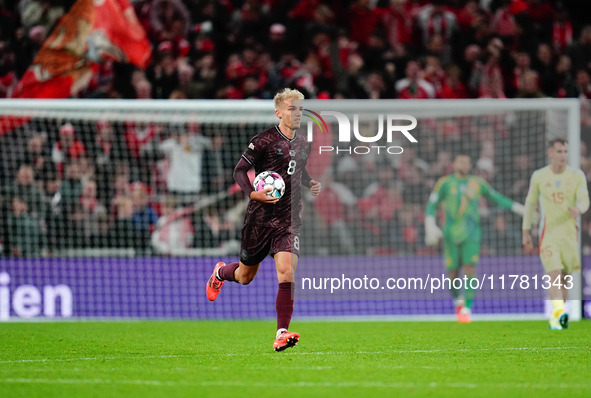 Gustav Isaksen of Denmark  celebrates the teams first goal during the Nations League Round 5 match between Denmark against Spain at Parken,...