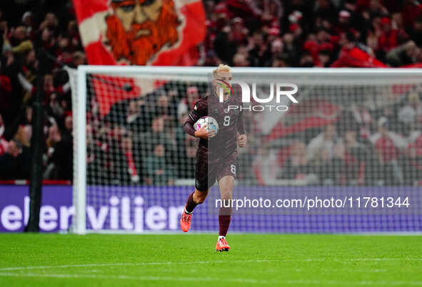 Gustav Isaksen of Denmark  celebrates the teams first goal during the Nations League Round 5 match between Denmark against Spain at Parken,...