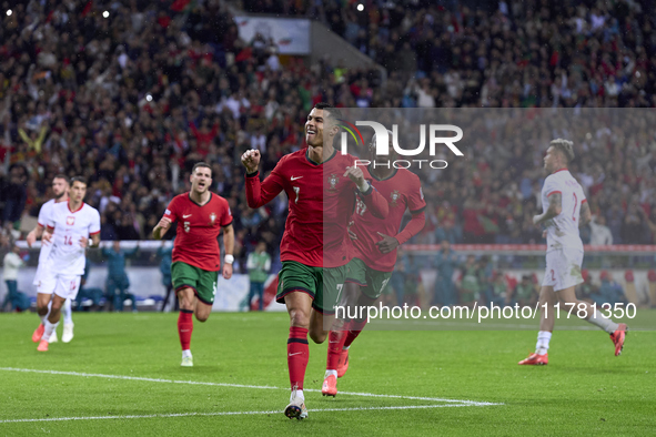 Cristiano Ronaldo of Portugal celebrates after scoring his team's second goal during the UEFA Nations League 2024/25 League A Group A1 match...