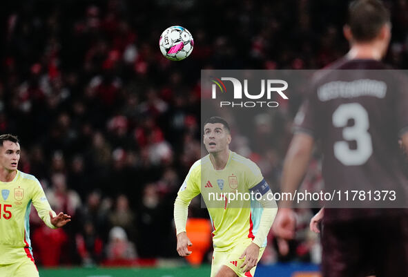 Alvaro Morata of Spain  controls the ball during the Nations League Round 5 match between Denmark against Spain at Parken, Copenhagen, Denma...