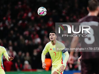 Alvaro Morata of Spain  controls the ball during the Nations League Round 5 match between Denmark against Spain at Parken, Copenhagen, Denma...